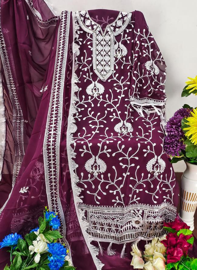 Georgette Purple Wedding Wear Chain Stich Work Dress Material